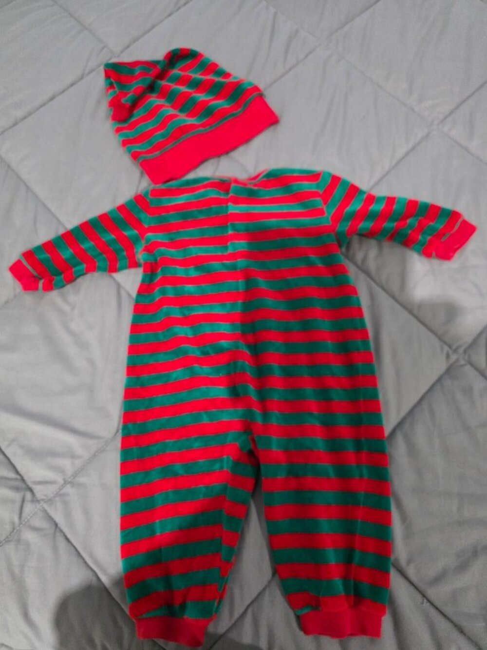 Vtg Christmas Baby Romper & Matching Hat Santa Toys Striped Velour 18 Months - Picture 6 of 10